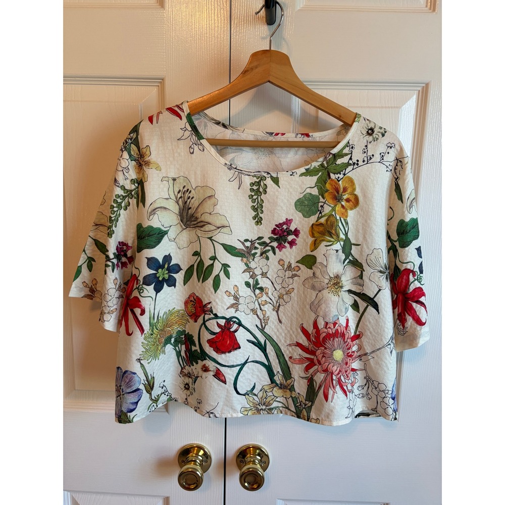 Floral Botanical Print Crop Top Short Sleeve Textured Boxy Blouse White Large